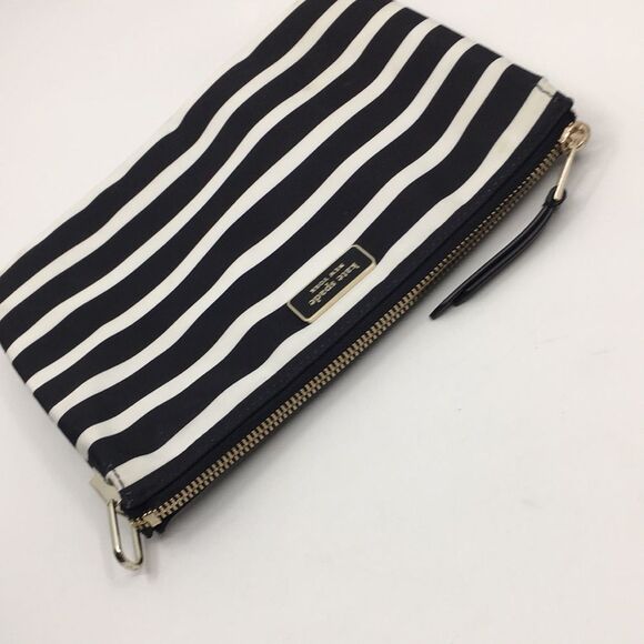 Kate Spade New York Black White Library Stripe Triple Gusset Clutch Makeup Pouch - Picture 7 of 16